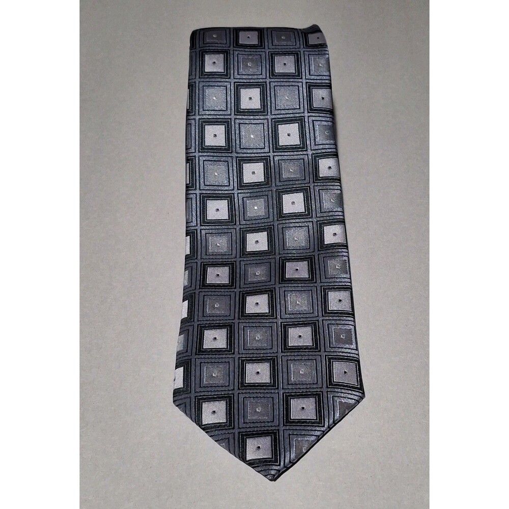 SINIO Men's Silk Tie Blue Gray Silver Geometric Square Pattern Necktie Formal